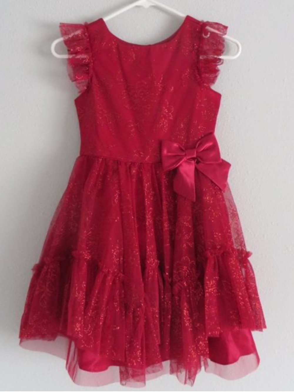Jona Michelle Red Glitter Tulle Dress with Satin Bow